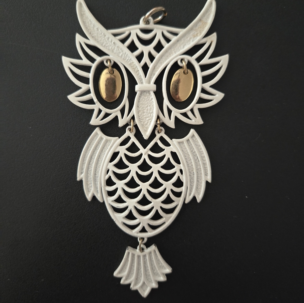 Vintage Metal Articulated Owl Enamel Pendant
